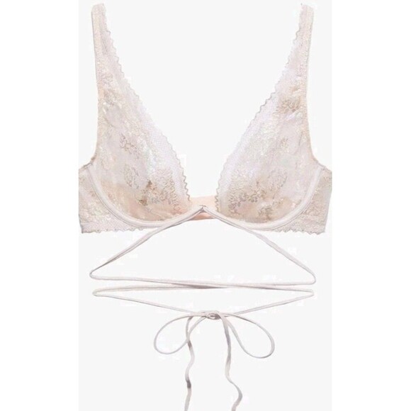 Savage x Fenty Caged Bra Size 34DD Unlined Floral Lace Beige Strappy Waist Tie - Picture 2 of 13